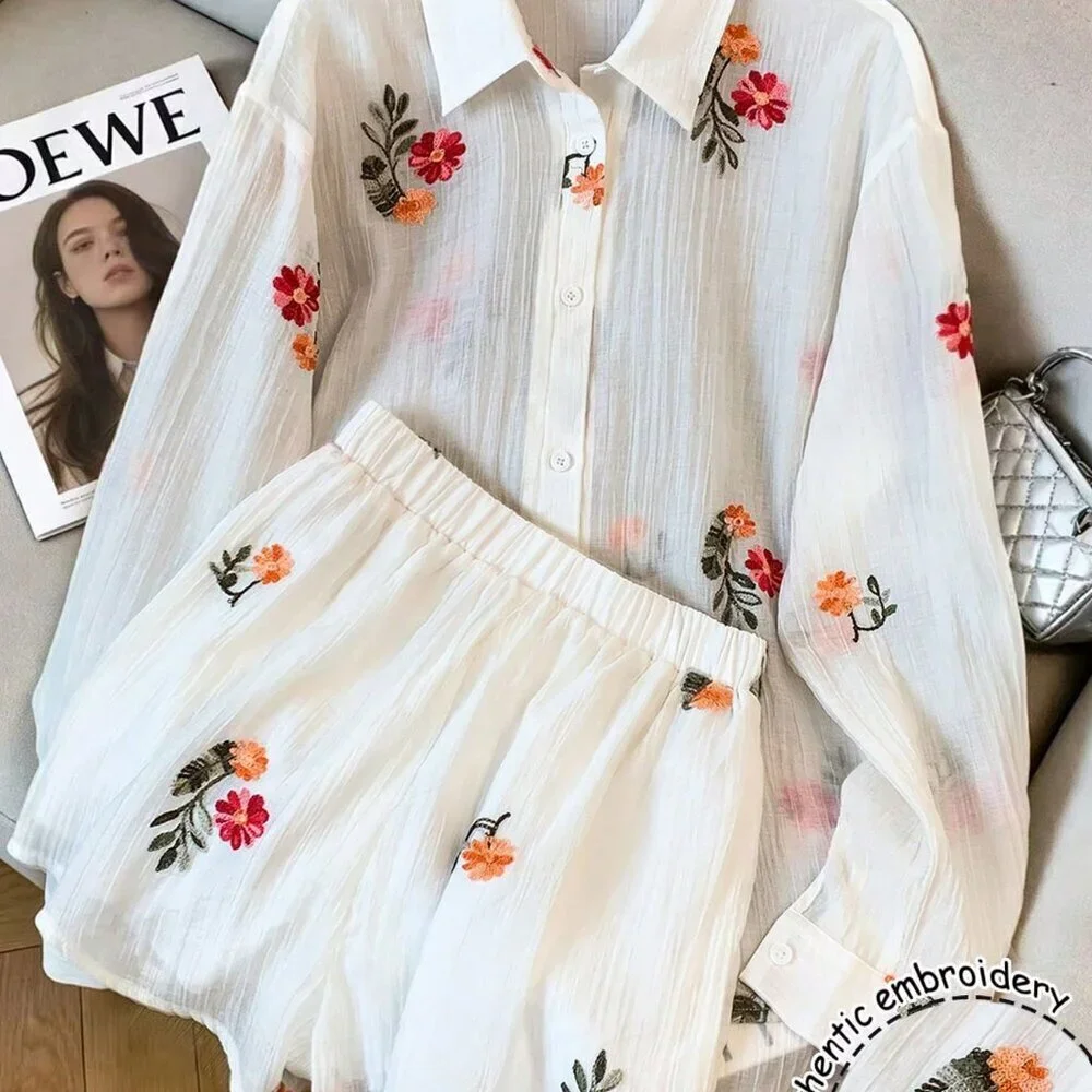 Boho Women's Casual Floral Embroidered Long Sleeve 2-Piece Set
